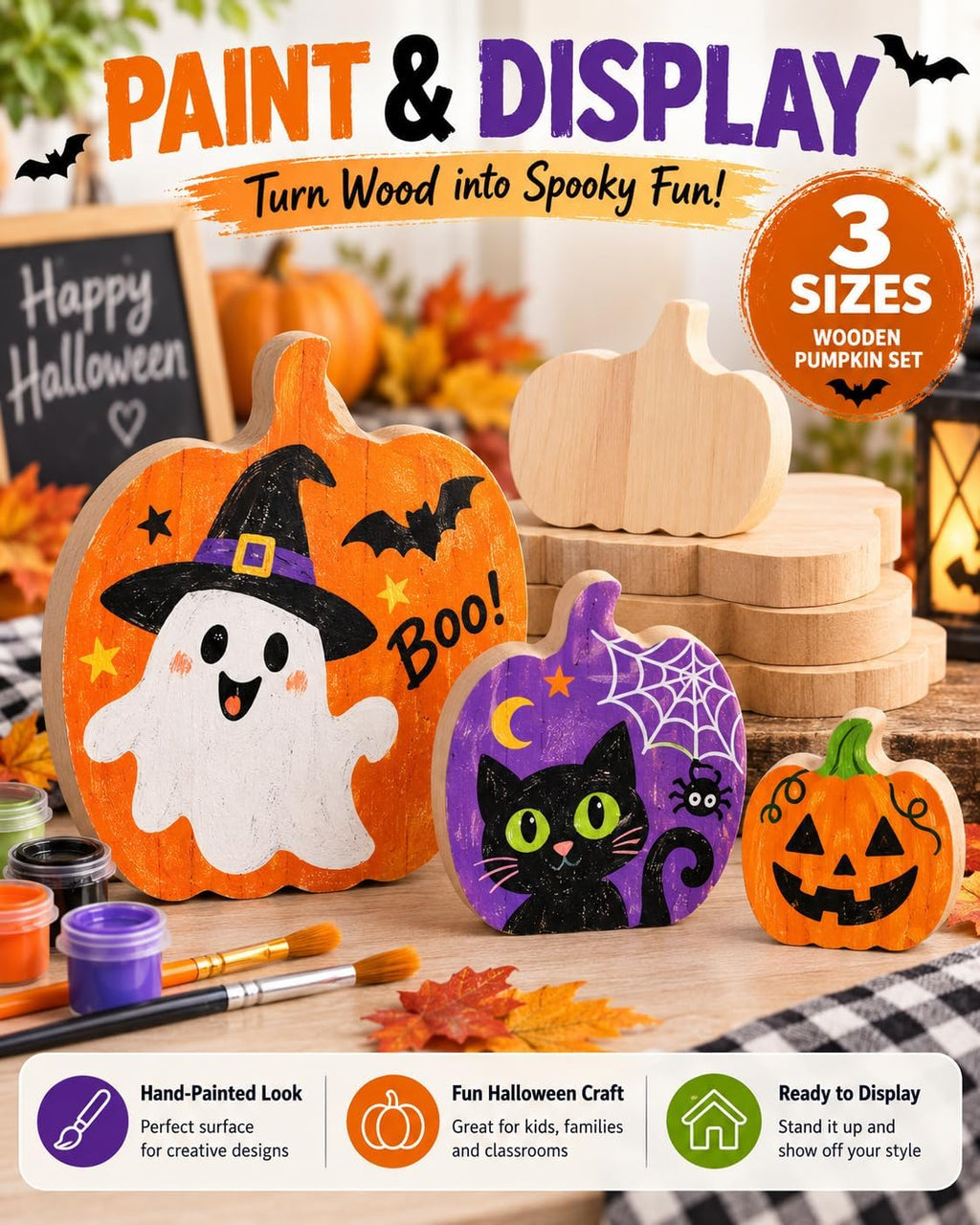 Unfinished Wood Pumpkin Craft Decorations, 3 Pack