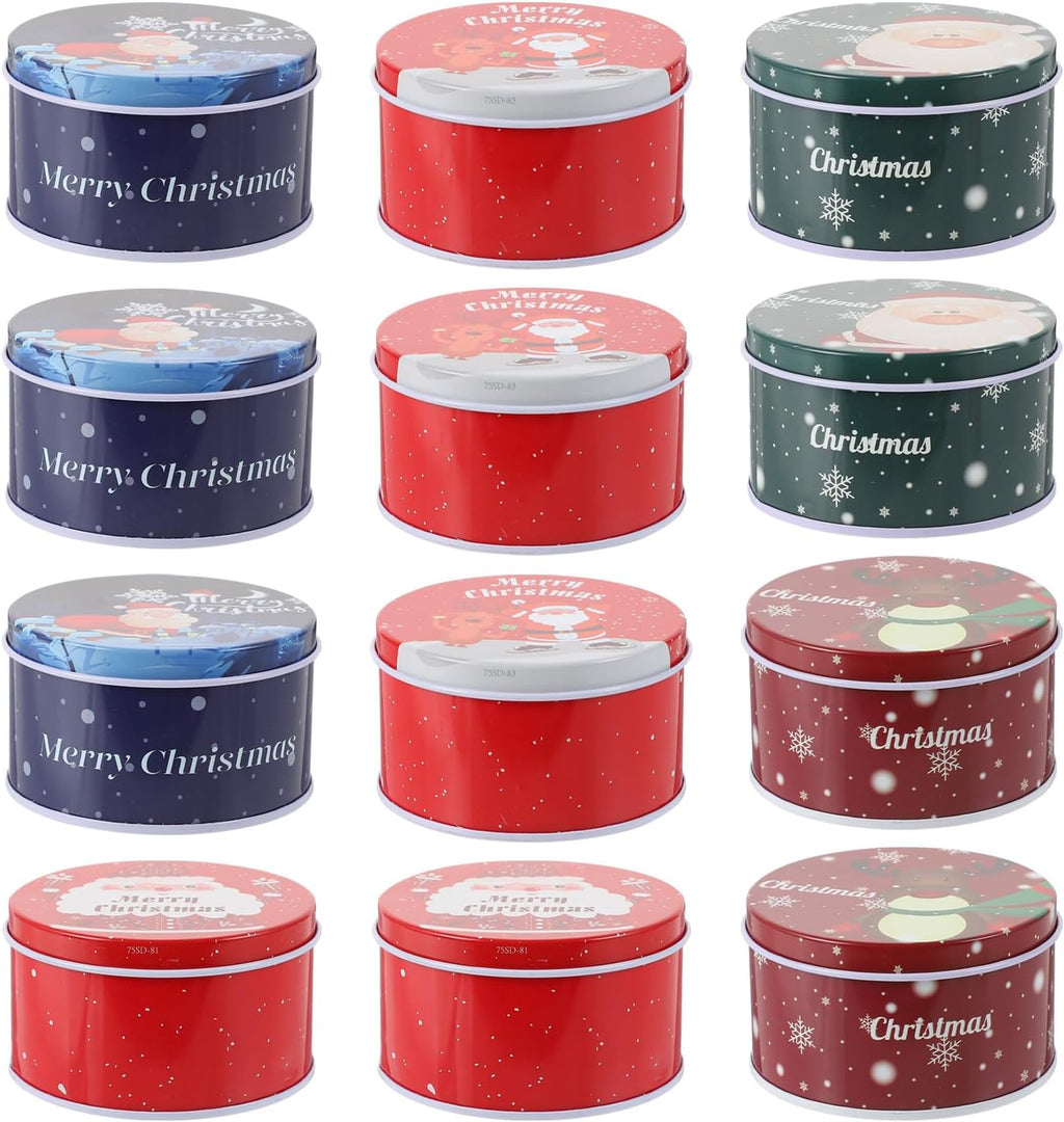 Christmas Round Metal Cookie Tins with Lids, 12 Pack