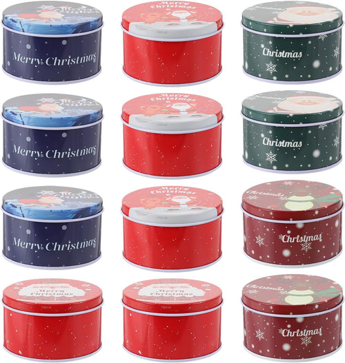 Christmas Round Metal Cookie Tins with Lids, 12 Pack