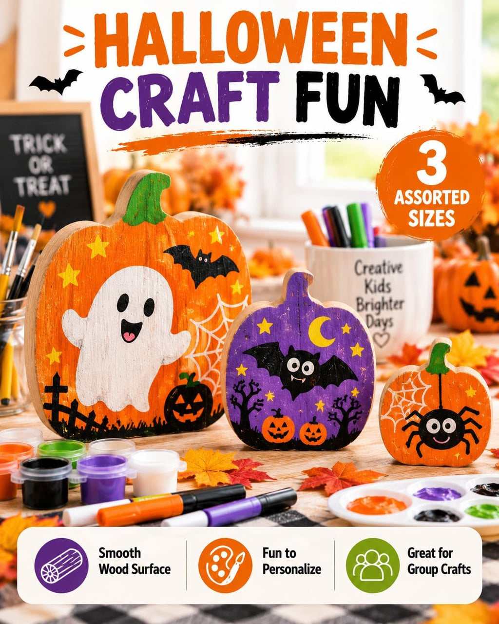 Unfinished Wood Pumpkin Craft Decorations, 3 Pack