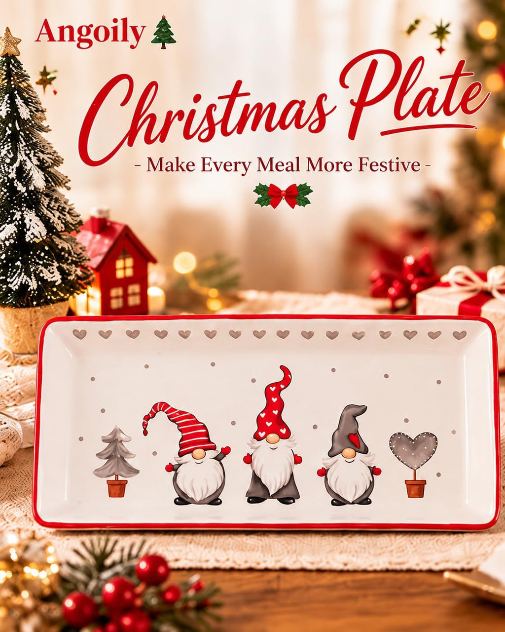 Christmas Gnome Ceramic Rectangular Serving Platter