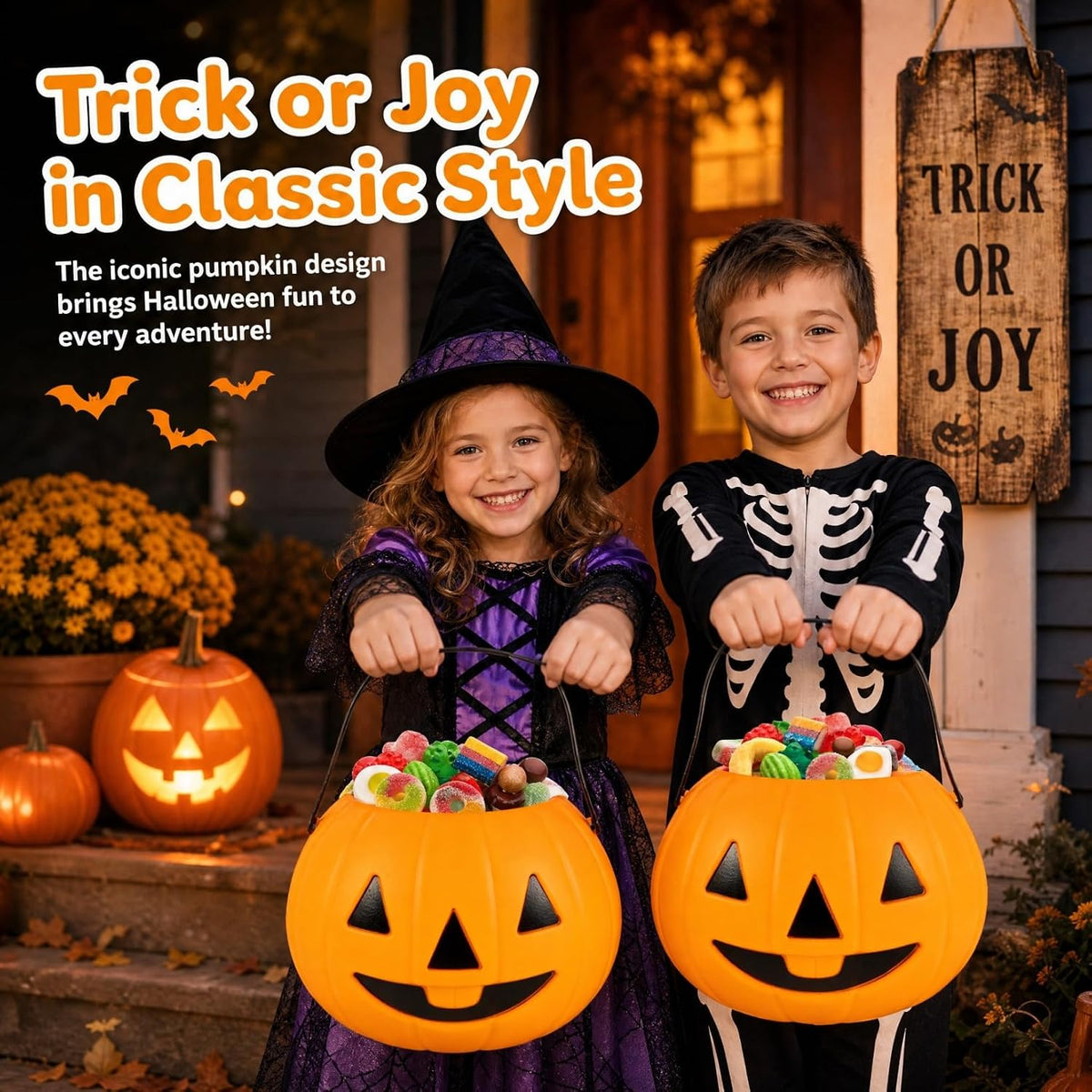Halloween Pumpkin Plastic Candy Buckets, 2 Pack