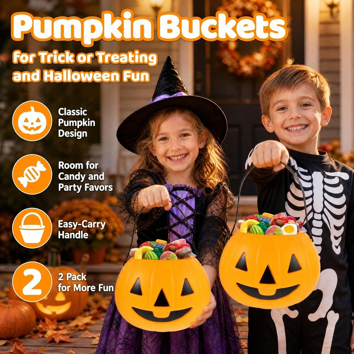 Halloween Pumpkin Plastic Candy Buckets, 2 Pack