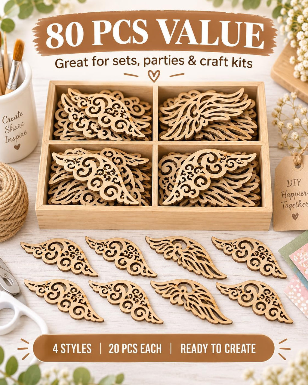Unfinished Wood Angel Wing Cutouts, 80 Pack