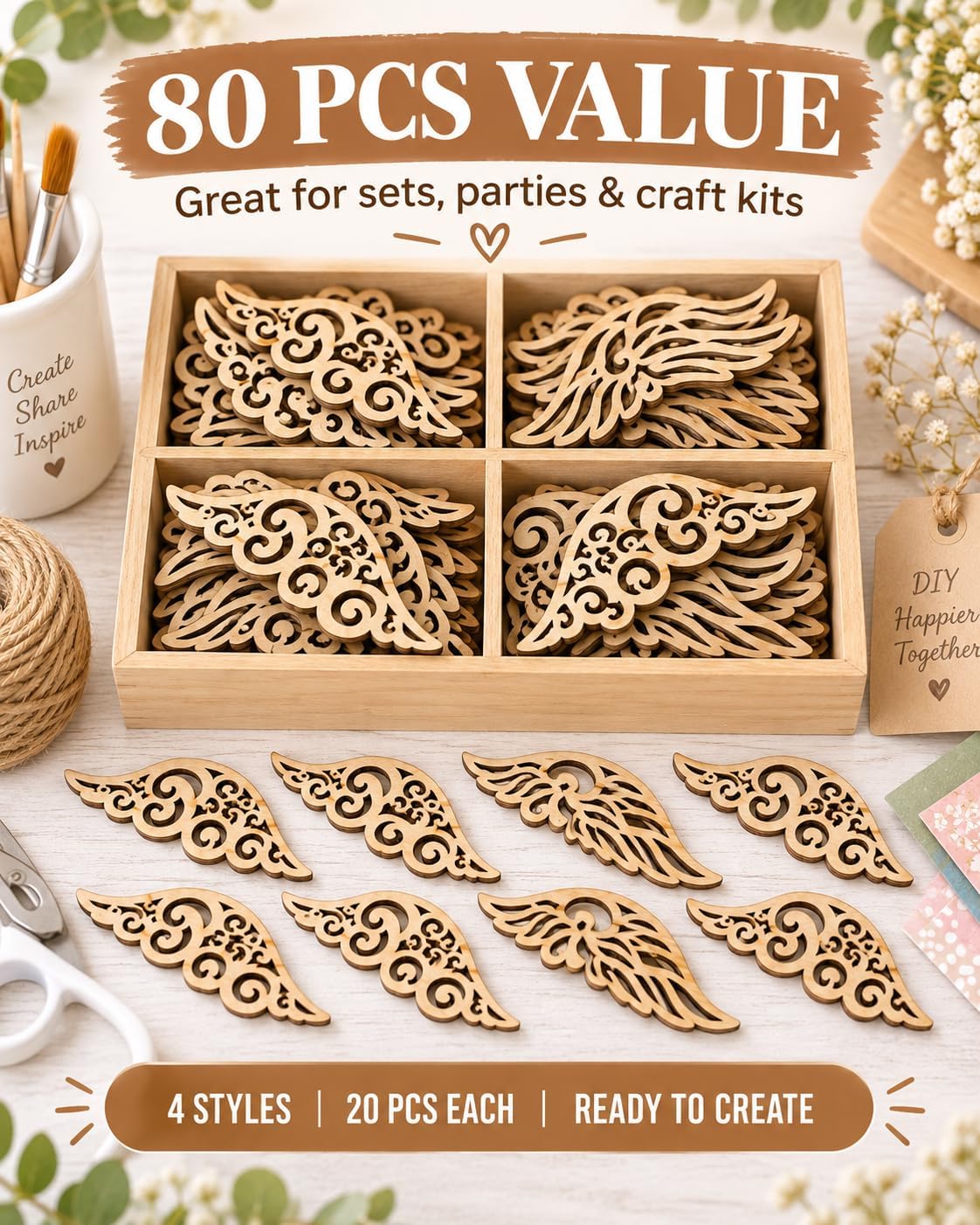 Unfinished Wood Angel Wing Cutouts, 80 Pack