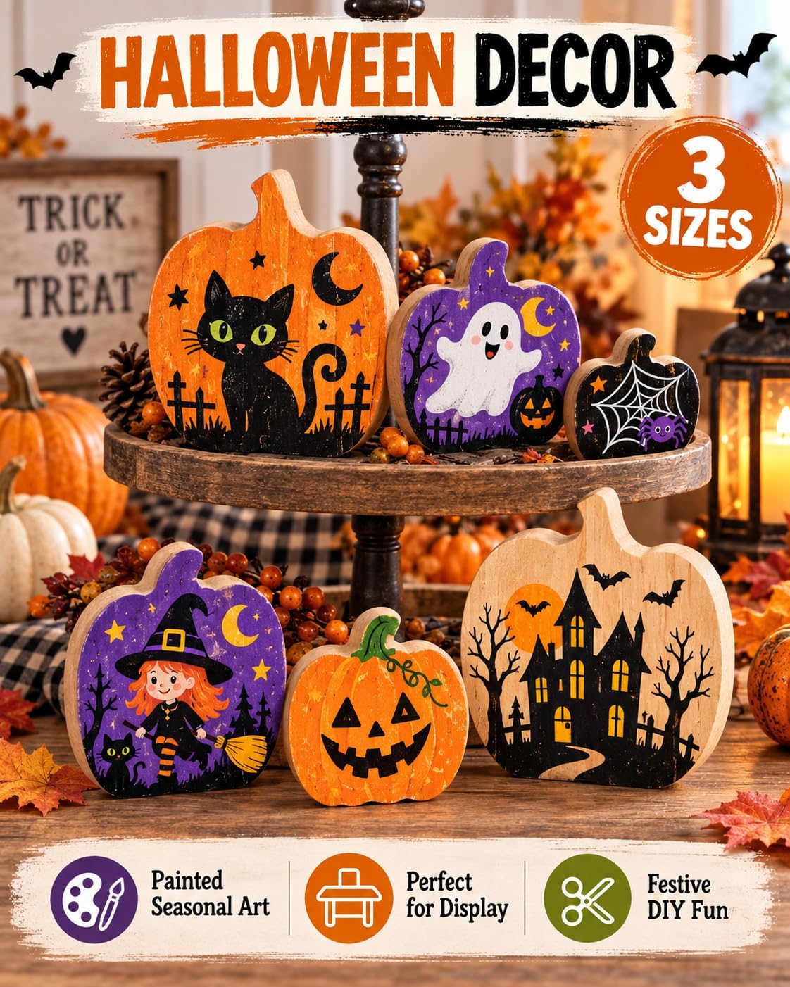Unfinished Wood Pumpkin Craft Decorations, 3 Pack