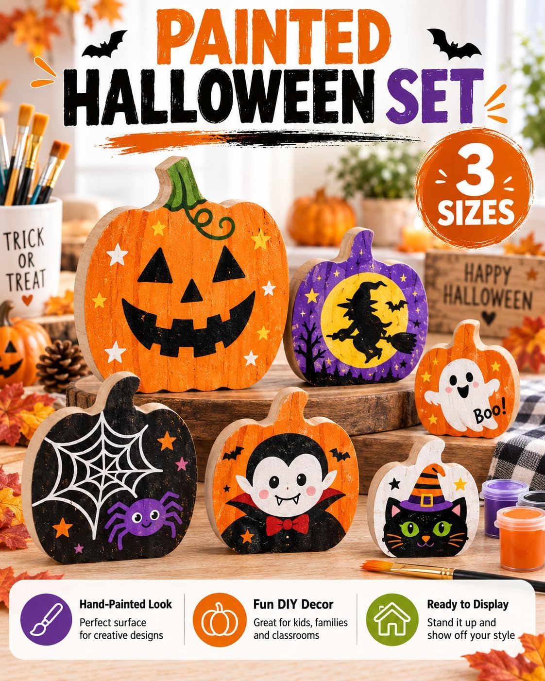 Unfinished Wood Pumpkin Craft Decorations, 3 Pack