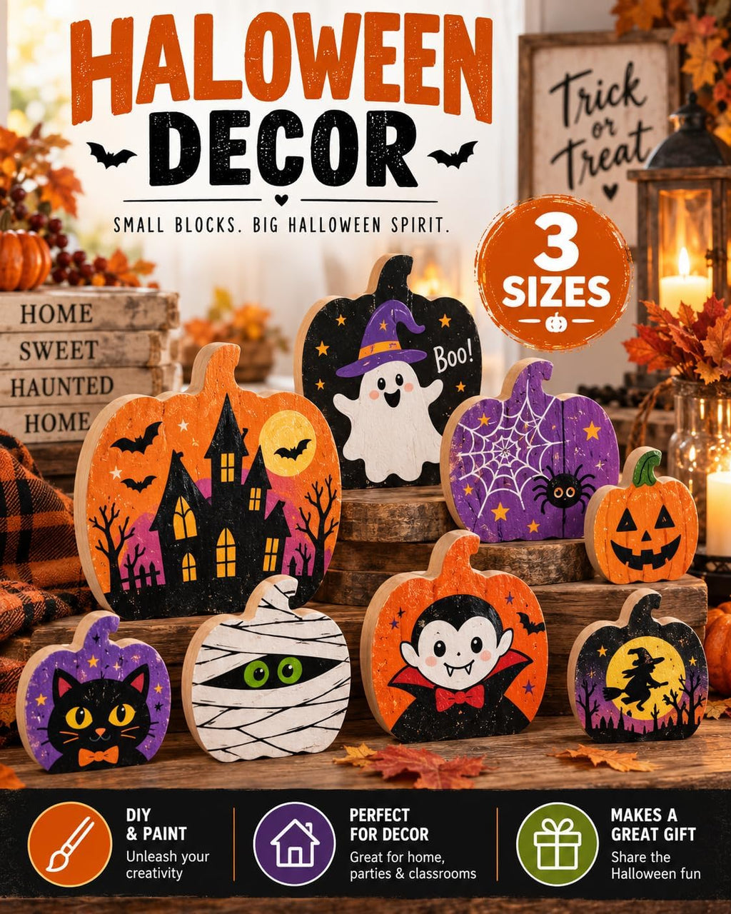 Unfinished Wood Pumpkin Craft Decorations, 3 Pack